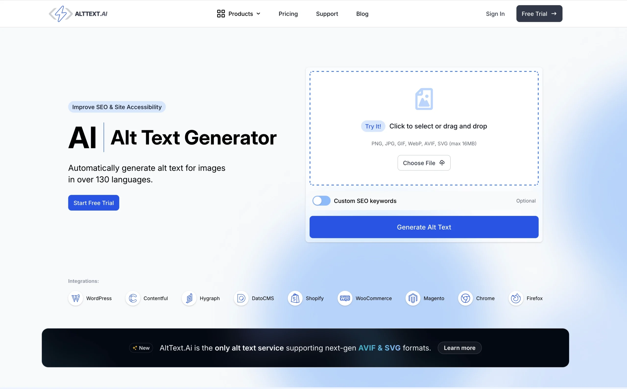 Screenshot of the AILTEXT.AI website homepage, highlighting its AI text generator for creating image alt text—an essential content writing tool for SEO—with options to upload images and customize SEO keywords.