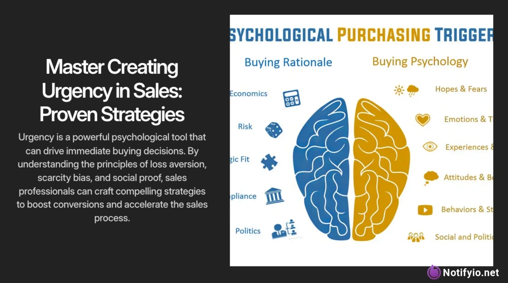 Split image: Left side explains creating urgency in sales; right side shows a brain split into blue (rational) and yellow (psychological) sides, listing related sales triggers for each.