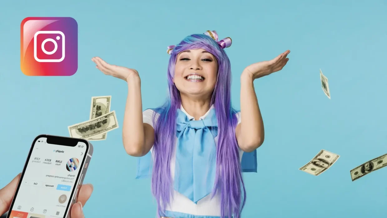A person with purple hair and a blue outfit smiles with raised hands, surrounded by falling money, next to an Instagram logo and a hand holding a phone displaying how to monetize Instagram stats.