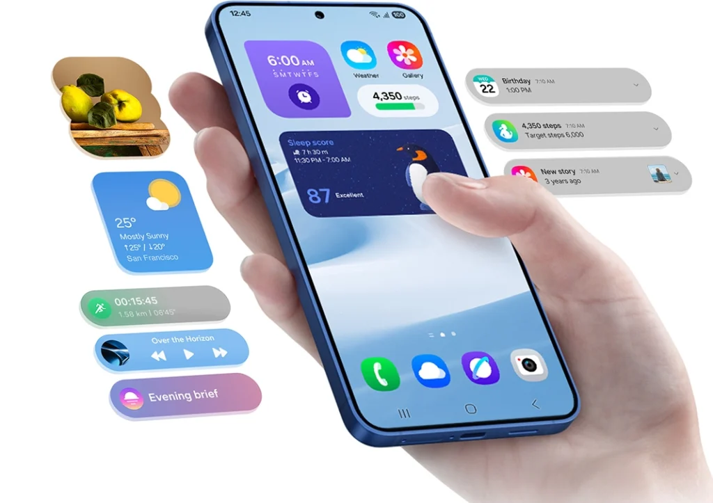 A hand holds a Samsung Galaxy S25 displaying various colorful widgets for weather, steps, calendar events, music, and reminders on its home screen.