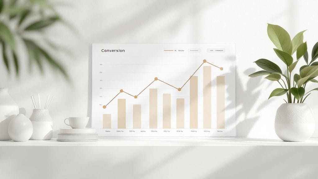 A bar chart with a line graph marked "Conversion" illustrates how to calculate conversion rate, showcasing a rising trend over eight periods. The visual is complemented by white ceramic vases and a potted plant on a pristine white surface.