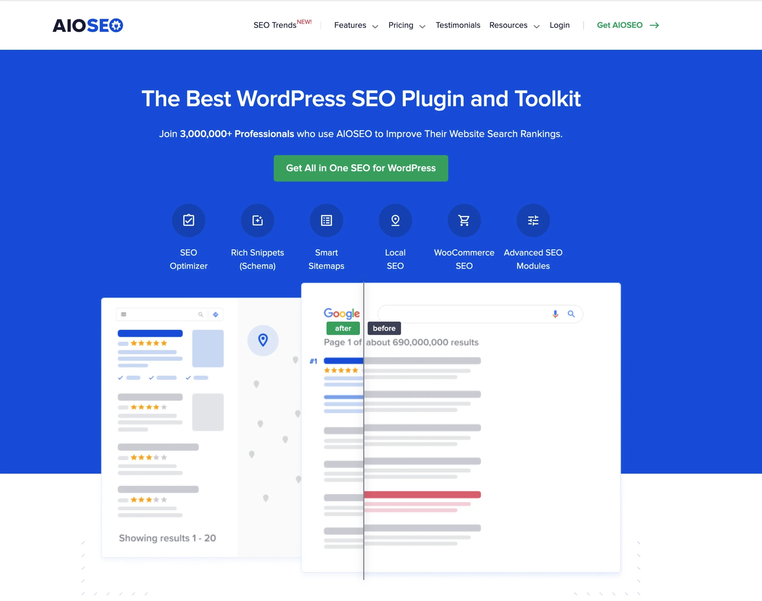 Screenshot of the AIOSEO website homepage, highlighting its WordPress SEO plugin with a green button to get the plugin, a comparison graphic of Google search results before and after using it, and mentions of powerful Content Writing Tools for SEO.