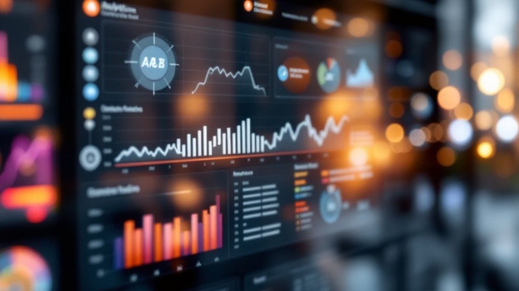 A digital dashboard showcasing various graphs and charts with analytics data, including line and bar charts, offers valuable insights alongside social media marketing tips.