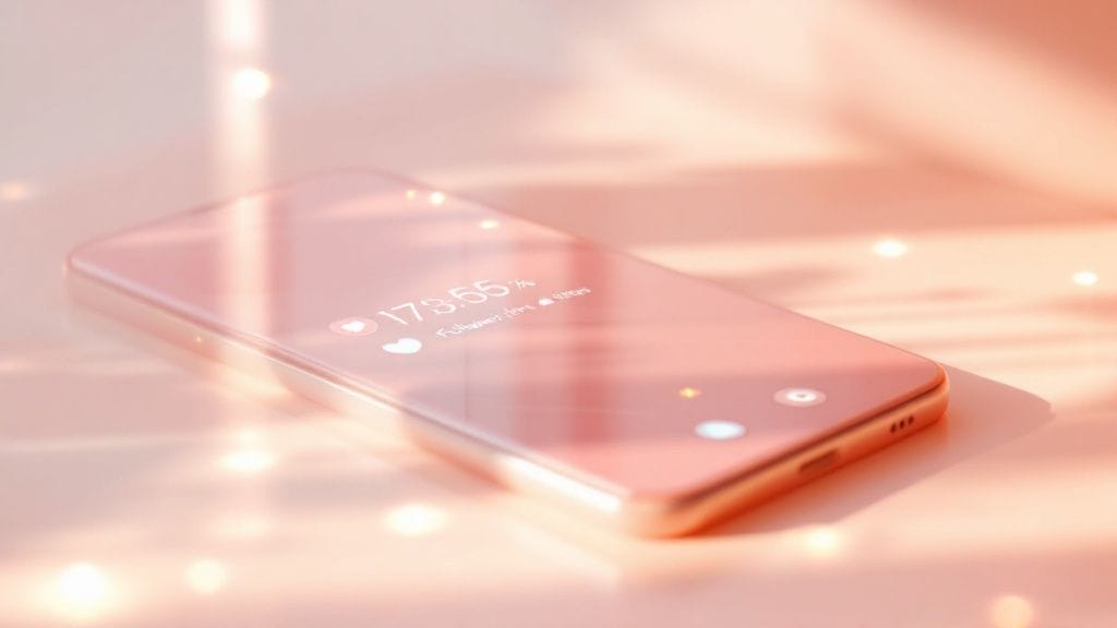 A pink smartphone on a smooth surface displays notifications and the time, 17:36:51. Sunlight streams through, casting soft shadows and light spots around the phone, subtly highlighting social proof examples that influence decisions throughout the day.