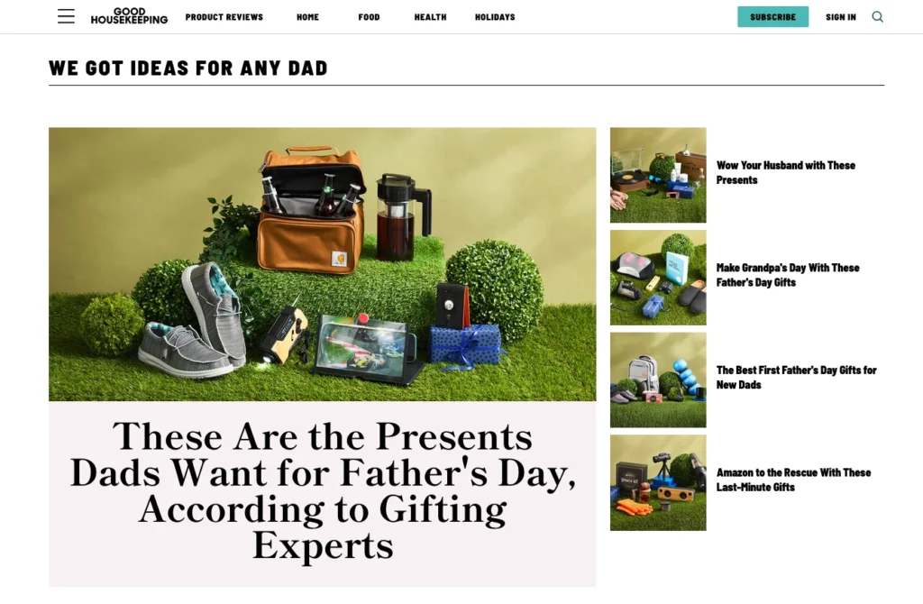 Screenshot of a Good Housekeeping article titled "These Are the Presents Dads Want for Father's Day, According to Gifting Experts," featuring gift items, related links, and trusted reviews to help you choose the perfect present.