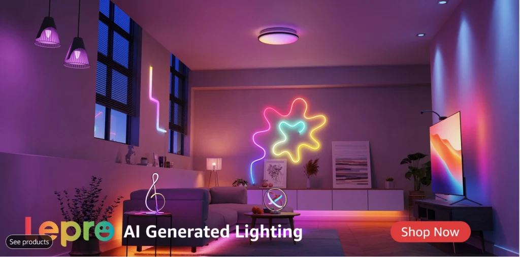 A modern living room illuminated with colorful AI-generated neon lights on walls and ceiling, featuring contemporary furniture and a large TV. Text reads "Lepre AI Generated Lighting.