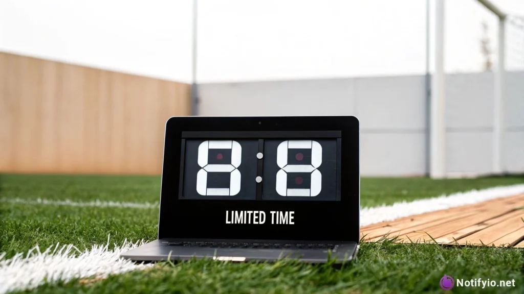 A laptop displaying a digital timer reading "8:8" and the words "LIMITED TIME" sits on artificial turf near a soccer field sideline, perfectly capturing the art of creating urgency in sales.