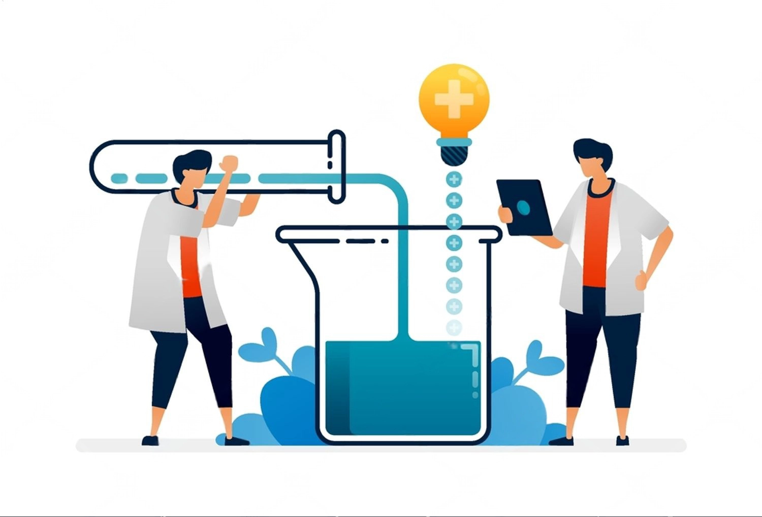 Two scientists in lab coats conduct an experiment with large beakers and test tubes, one pouring liquid and the other holding a tablet displaying trusted reviews, with a health icon above the chemicals.