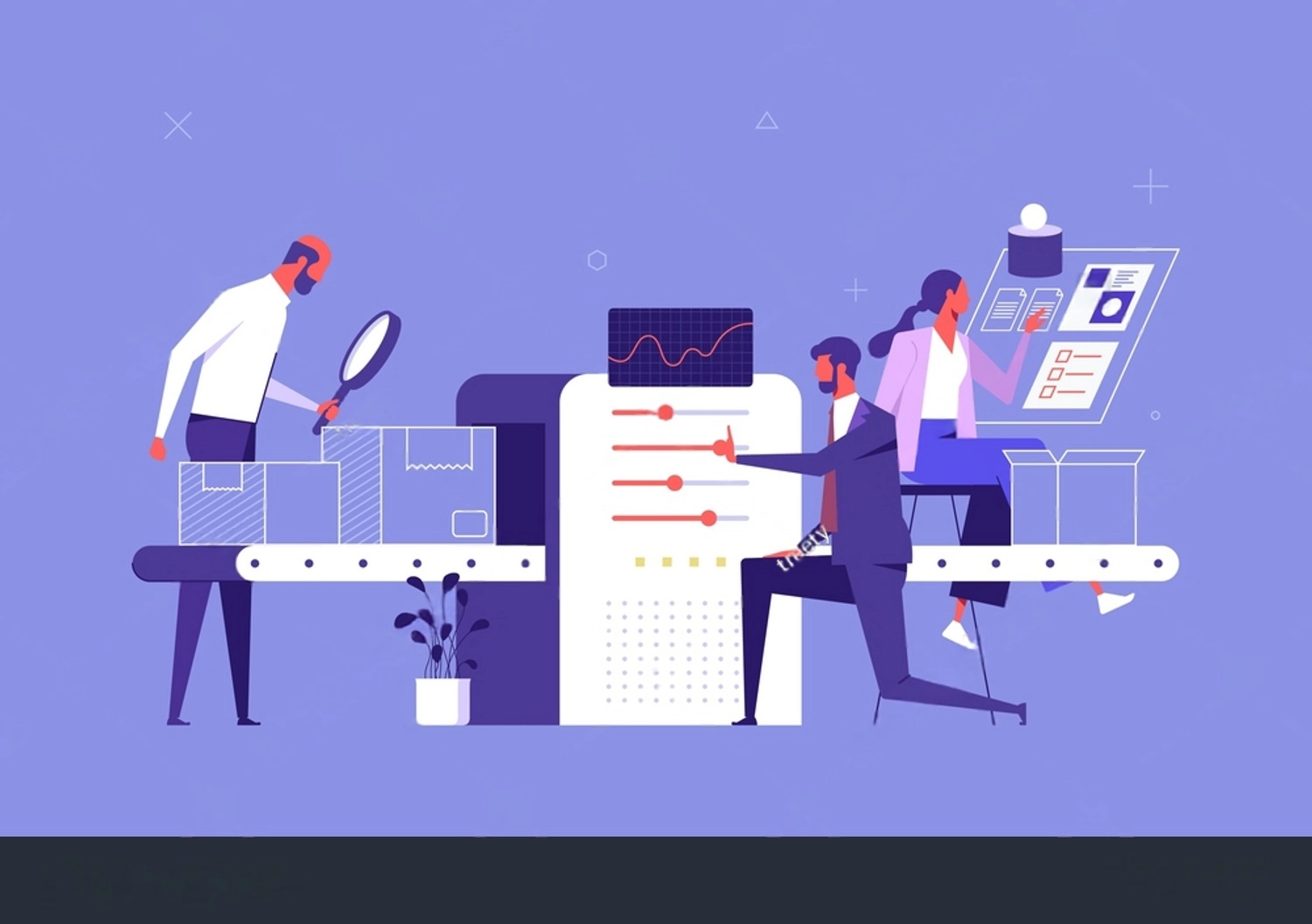 Illustration of three people analyzing data and files, with charts, documents, and control panels on a conveyor belt, representing teamwork and trusted reviews in effective data management.