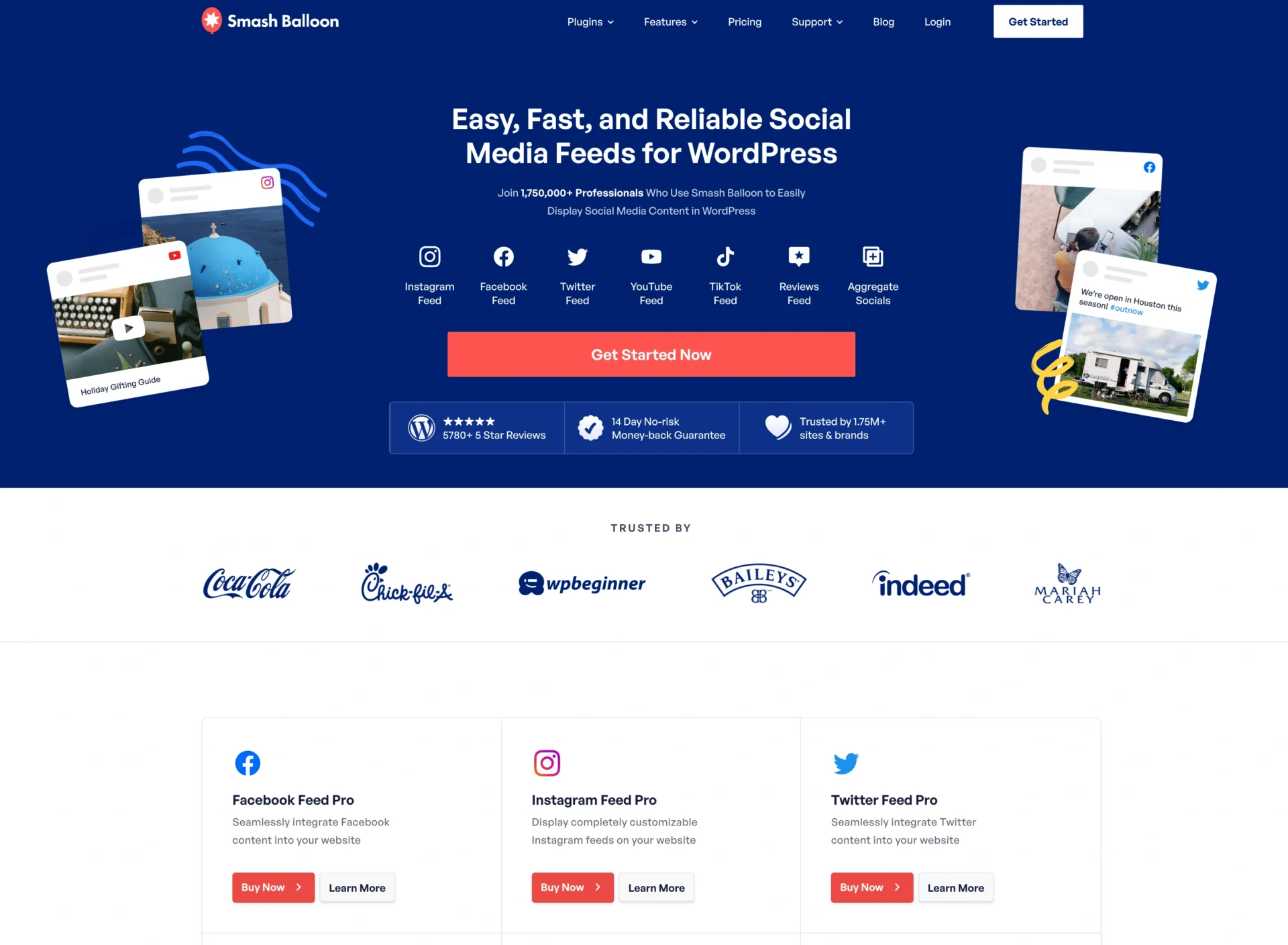 Screenshot of the Smash Balloon homepage promoting social media feeds for WordPress, featuring logos, customer reviews, fomo tools, and options for Facebook, Instagram, and Twitter feed plugins.