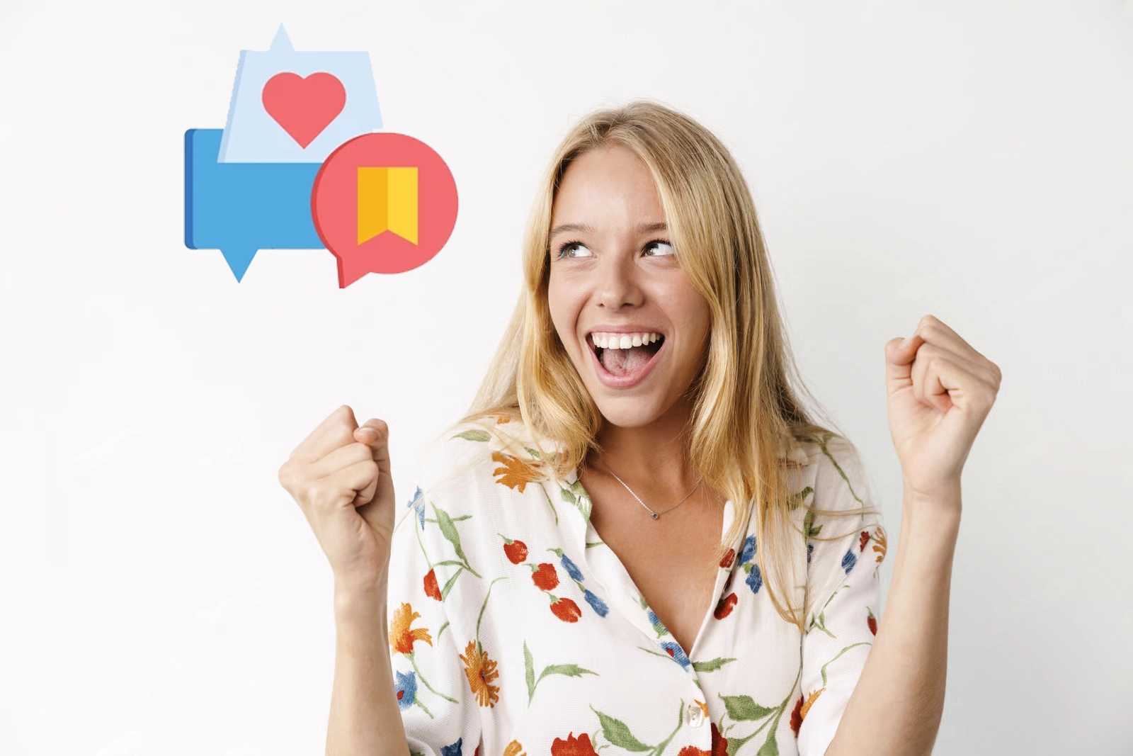 A smiling woman with raised fists stands in front of illustrated chat bubbles, one with a heart and another with a bookmark symbol—celebrating the power of FOMO tools—on a plain white background.