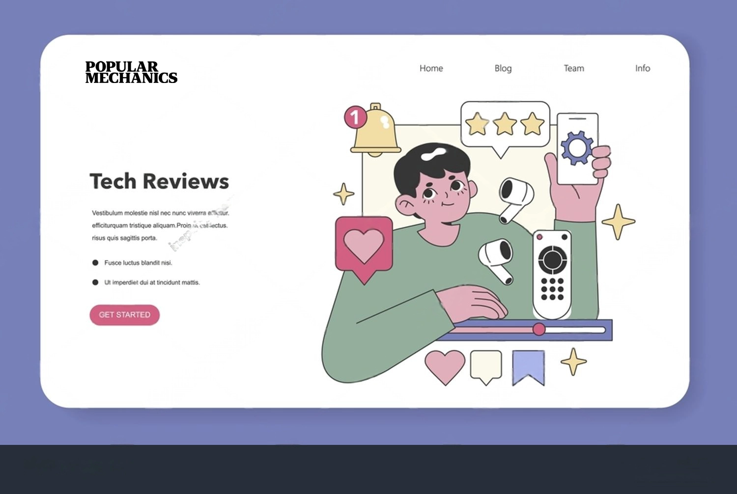Illustration of a person holding and reviewing various tech gadgets online, with trusted reviews, rating stars, notification icons, and the Popular Mechanics logo featured on a website interface.