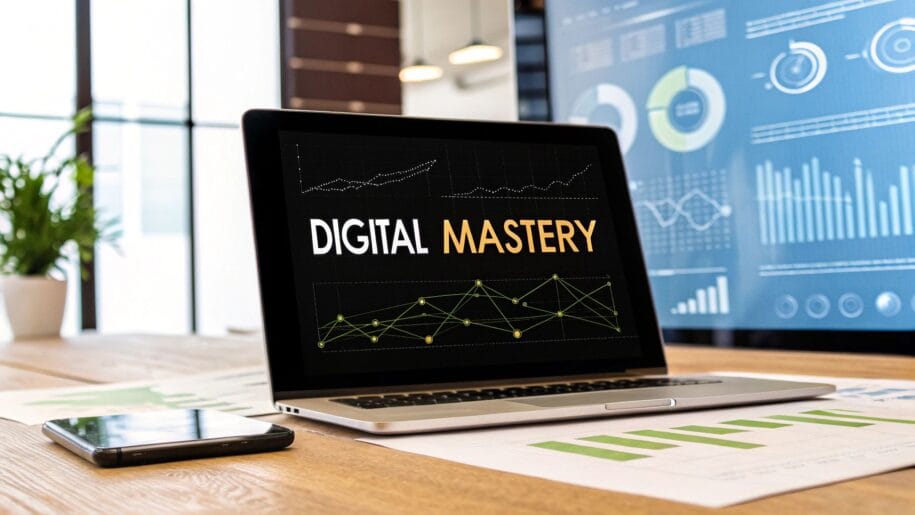 Laptop on a desk displays "Digital Mastery" with graphs. Nearby are a smartphone and printed charts. A digital screen with various analytics is visible in the background.