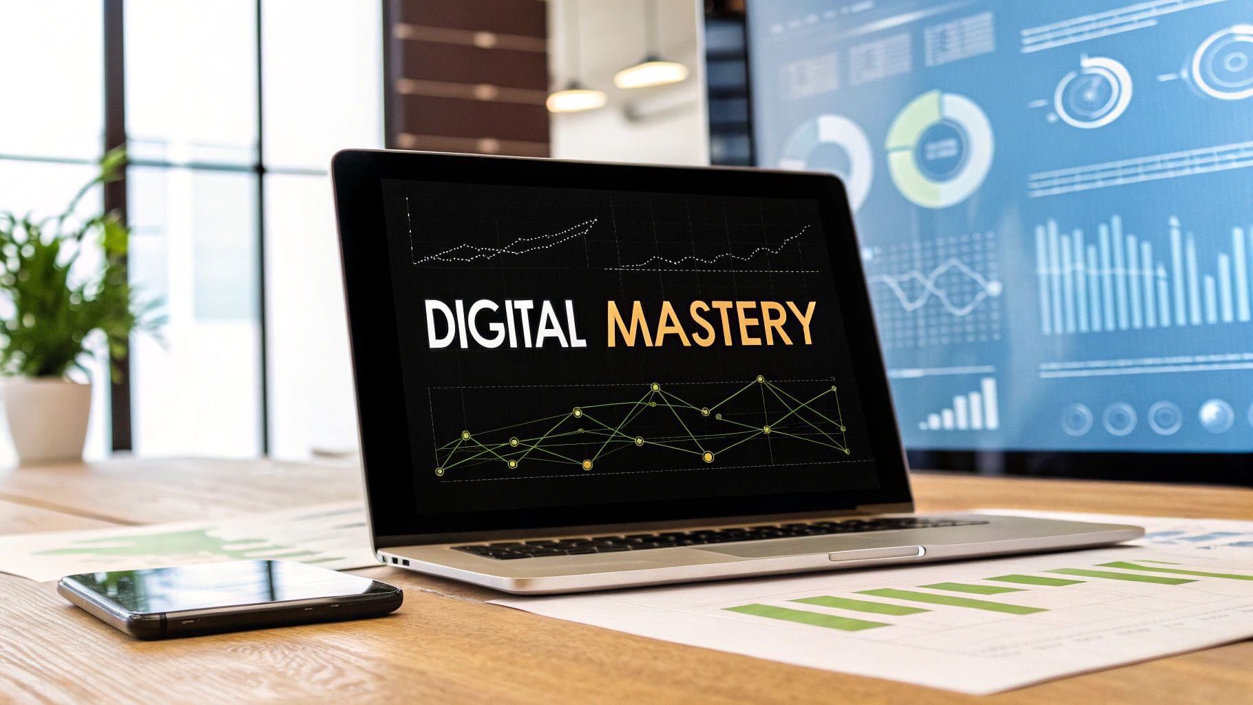 Laptop on a desk displays "Digital Mastery" with graphs. Nearby are a smartphone and printed charts. A digital screen with various analytics is visible in the background.