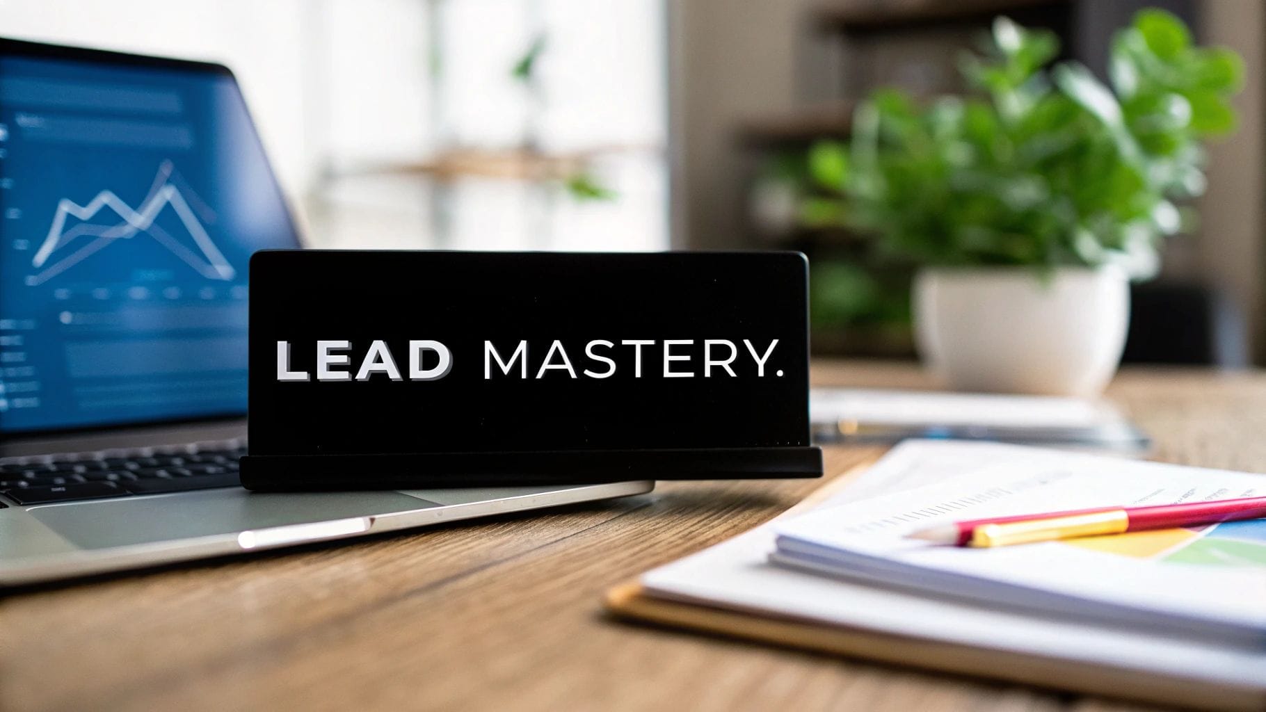 A sign reading "LEAD MASTERY." sits on a desk with a laptop, documents, charts, and a plant in the background.
