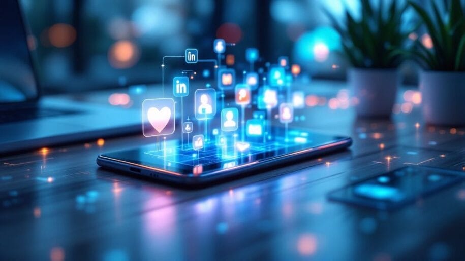 Smartphone on a table displaying holographic social media icons, including heart and user symbols. Background includes blurred laptop and potted plants.