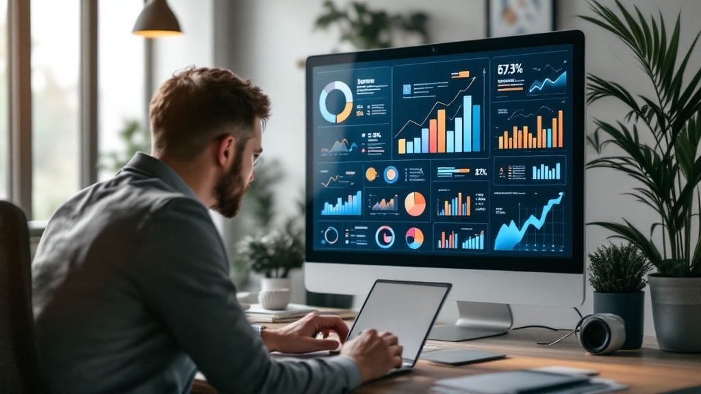 Man analyzing colorful charts and graphs on a large computer screen in an office setting.