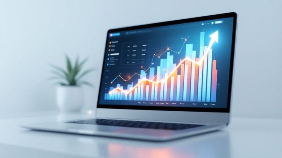 Laptop displaying a financial graph with rising trend lines and bar charts on the screen. A small potted plant is in the background on a white desk.