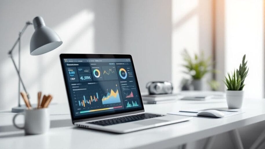 Laptop displaying colorful analytics dashboard on a tidy desk with a lamp, potted plants, notebooks, and a camera in a bright, modern office setting.