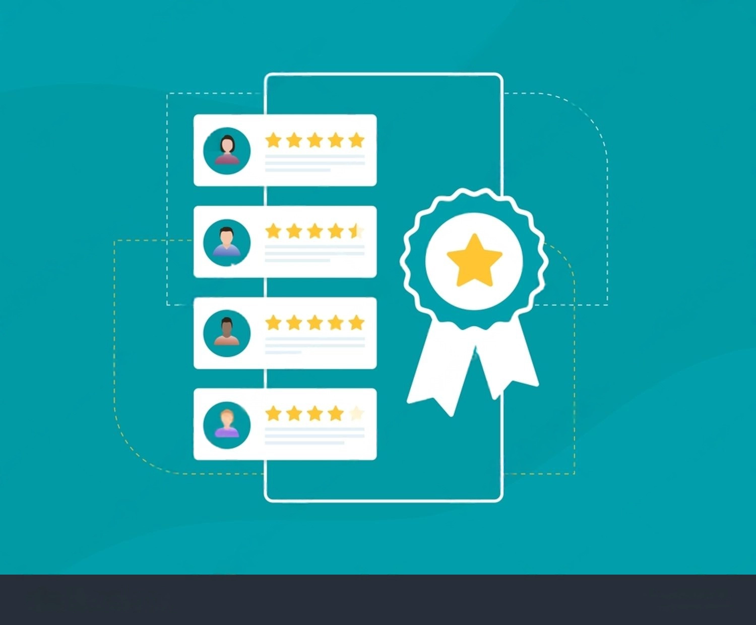 Illustration of five trusted reviews with star ratings next to a ribbon icon displaying a gold star, on a teal background.