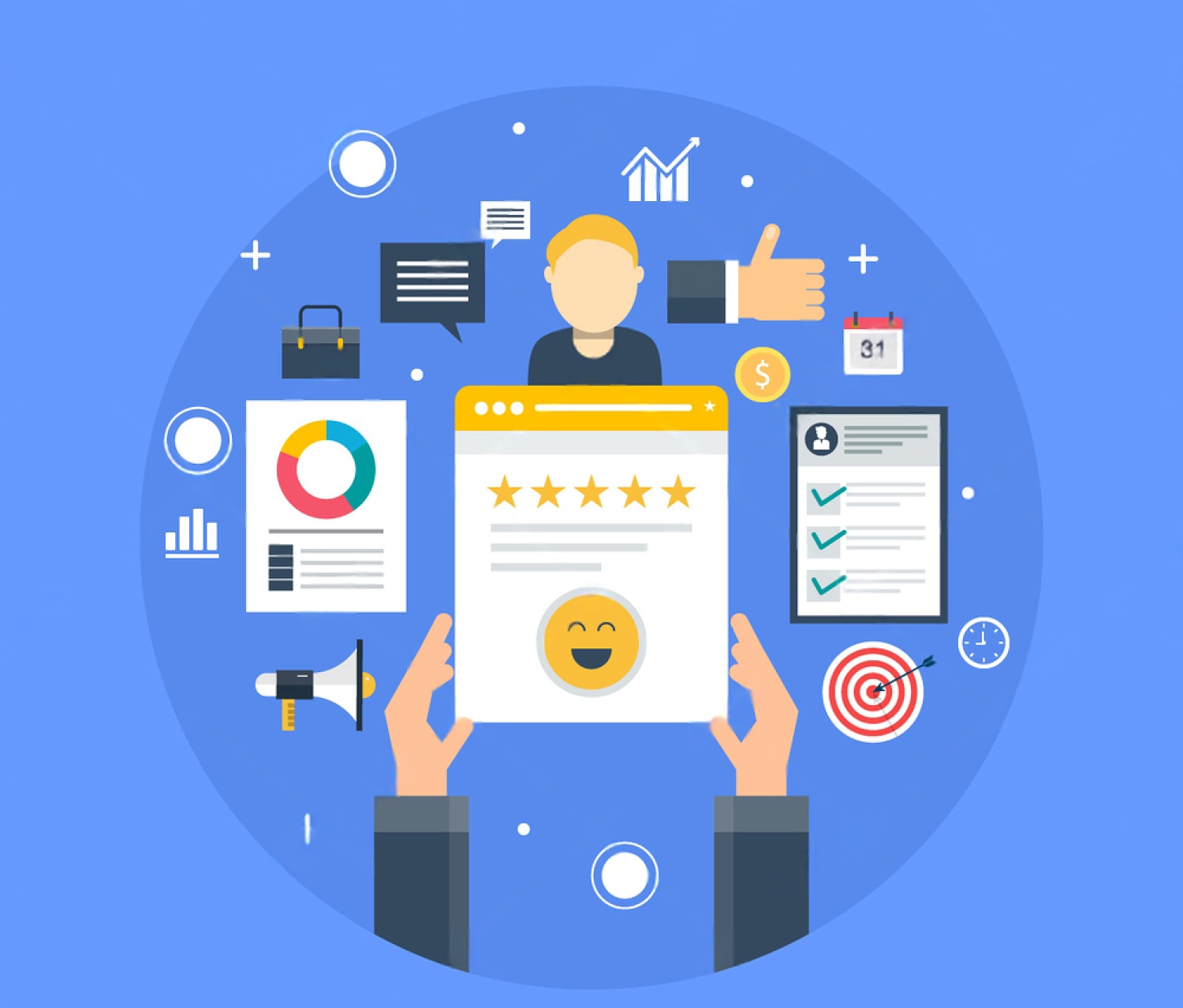 Illustration of hands holding a five-star trusted reviews badge with business icons, charts, and checklists, symbolizing feedback, performance, and goal achievement.