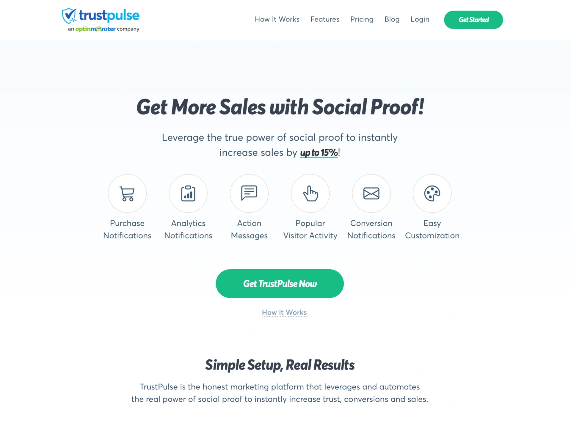 A website homepage for TrustPulse promoting fomo tools and social proof to increase sales, featuring icons for features like analytics, visitor activity, and notifications.