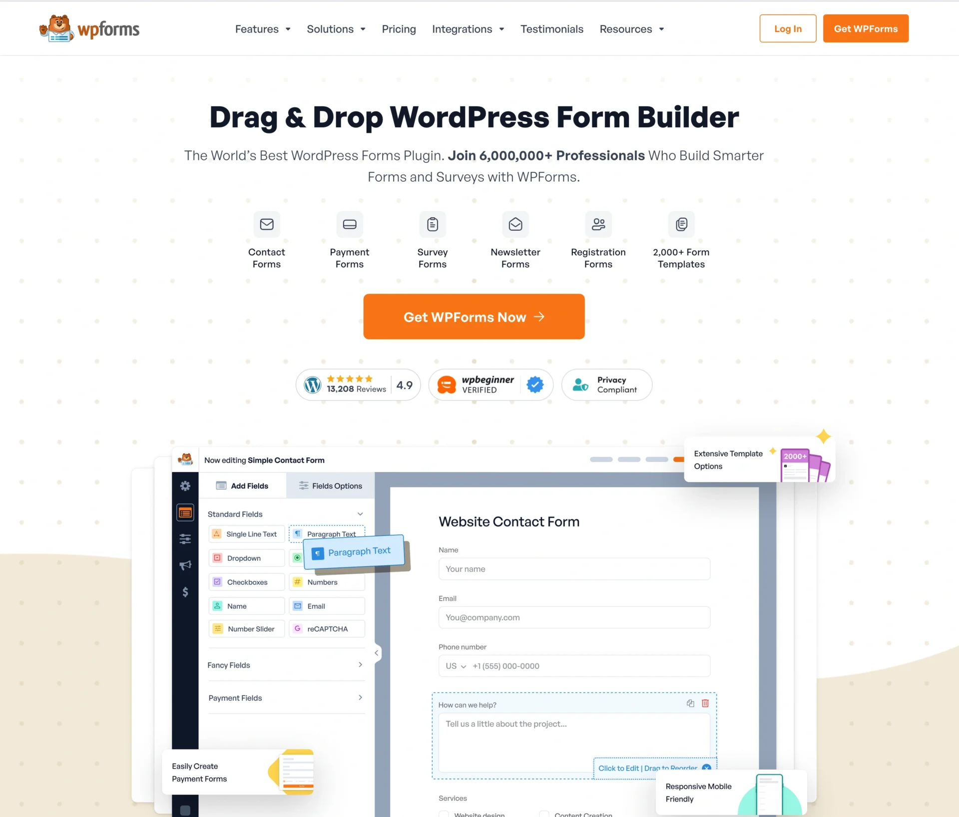 Screenshot of WPForms homepage showcasing its drag-and-drop WordPress form builder, feature icons, user reviews, fomo tools integration, and a sample contact form interface.