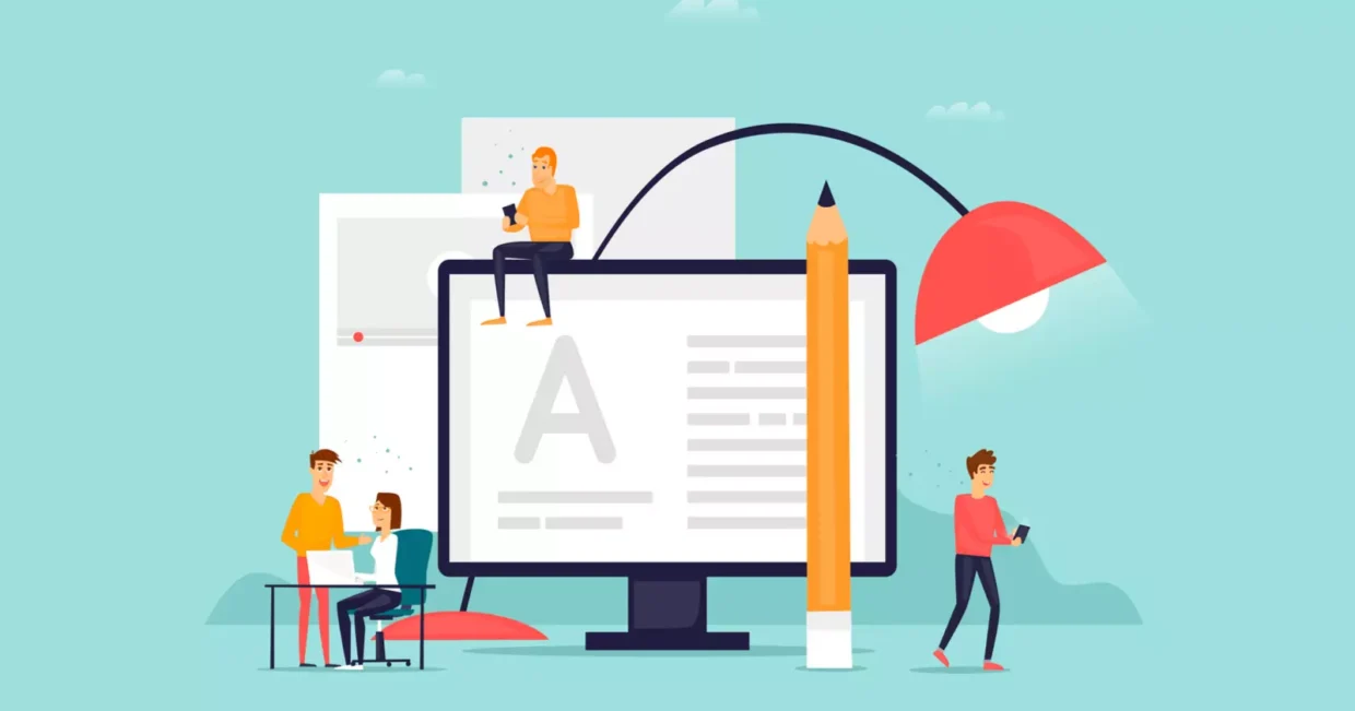 Illustration of people working and interacting around a large computer monitor displaying text, with a giant pencil and lamp nearby, highlighting keyword research techniques to improve website visibility.