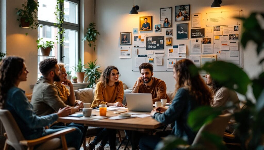 A group of six people sit around a table in a modern office, engaged in discussion about Creative Digital Marketing with laptops and papers, and a bulletin board with notes and photos in the background.