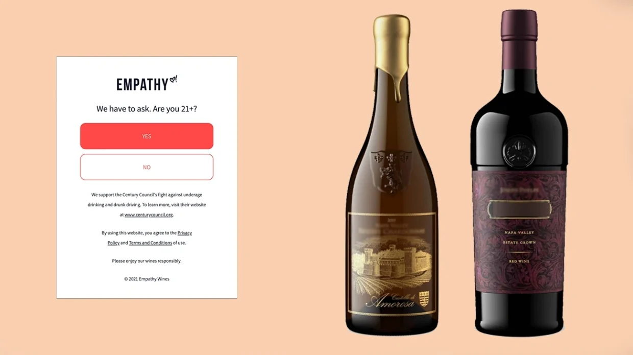 An age verification pop-up appears beside two bottles of wine, one white and one red, on a light peach background—creating a splash page designed to boost conversion.