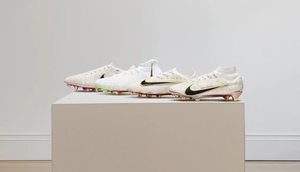 Four pairs of white Nike soccer cleats with gold and black accents are displayed on a white rectangular platform, offering the perfect splash page example to boost conversion against a plain background.