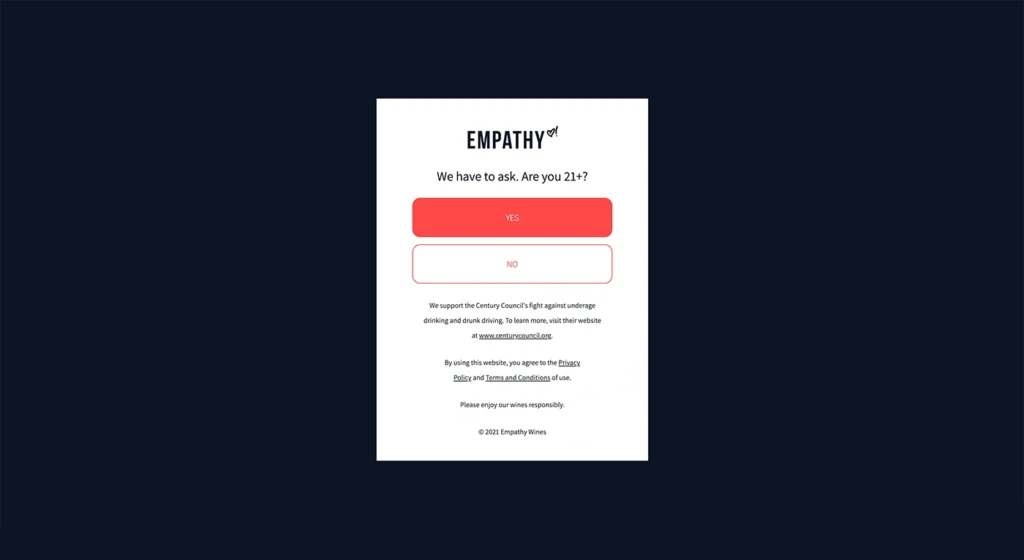 A website age verification splash page example asks, "Are you 21+?" with red "YES" and "NO" buttons on a white background—a clean template designed to boost conversion.