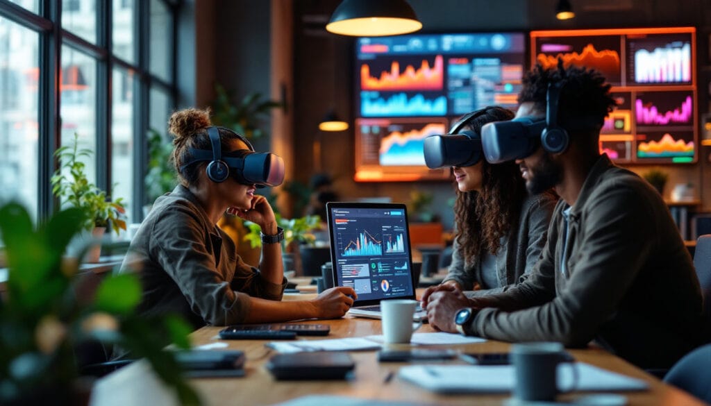 Three people wearing VR headsets sit at a table with laptops and data charts, engaged in a creative digital marketing meeting in a modern office with dynamic financial graphs on screens.