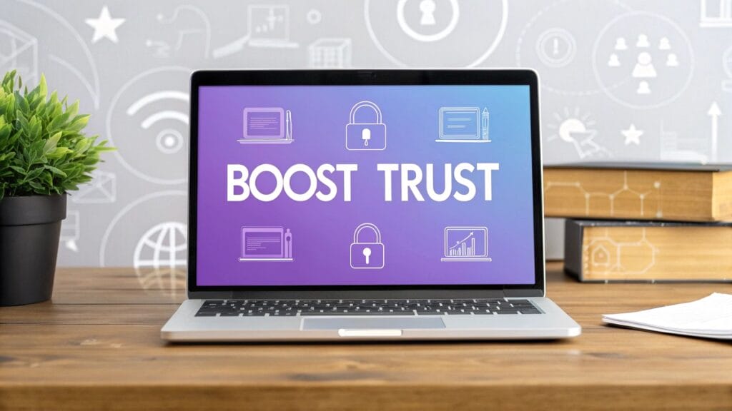 A laptop displaying charts sits on a desk in front of a purple wall with a brain graphic and the words "Master Behavioral Economics.